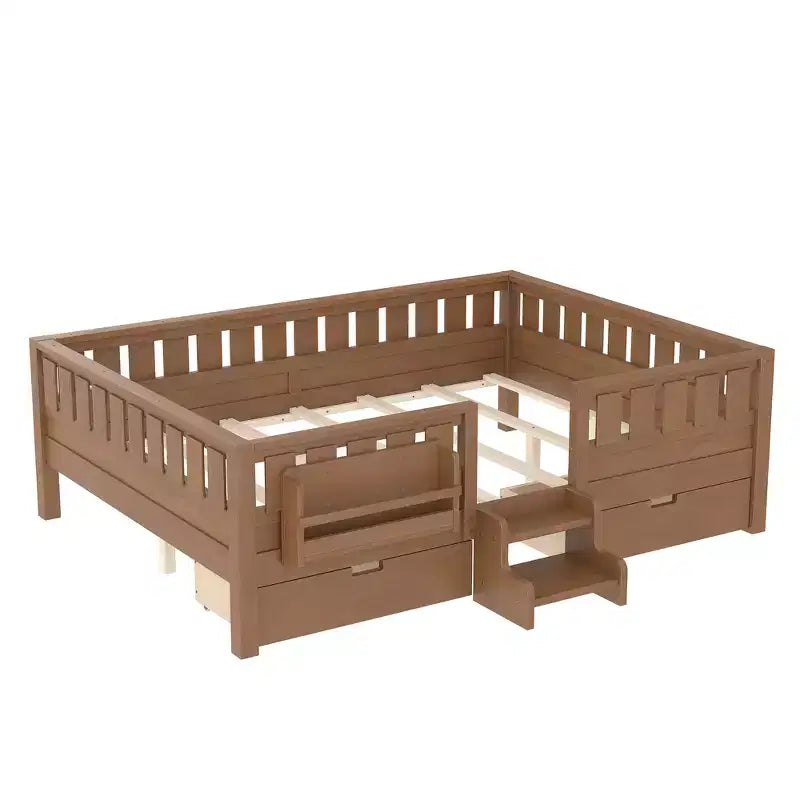 Lit pour tout-petits Bellemave Queen Size avec 14 barrières de sécurité, cadre de lit peu encombrant avec étagères intégrées et 2 tiroirs de rangement sous le lit