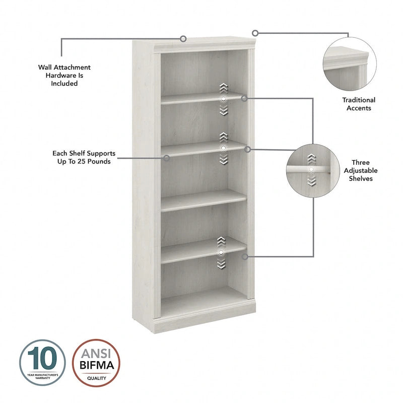 Tall 5-Shelf Bookcase with Adjustable Shelves, Linen White Oak