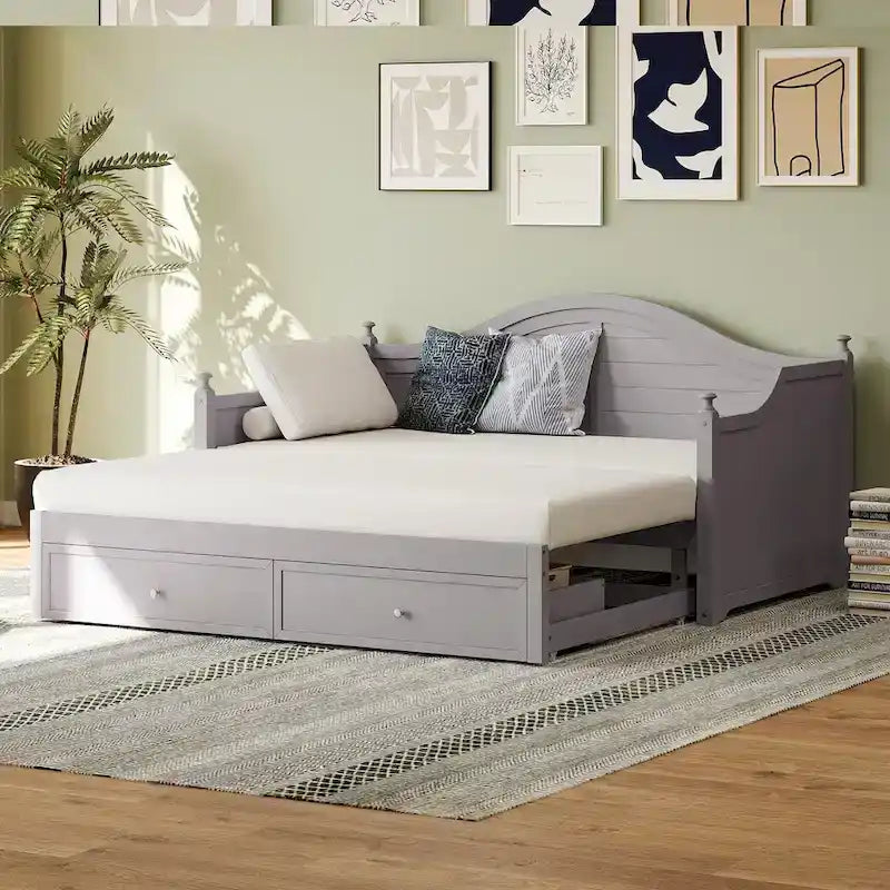 Light Grey Wood Daybed with Pop-Up Trundle and Storage Drawers