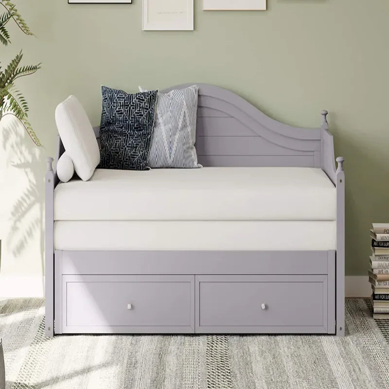 Lit de repos en bois gris clair avec lit gigogne relevable et tiroirs de rangement