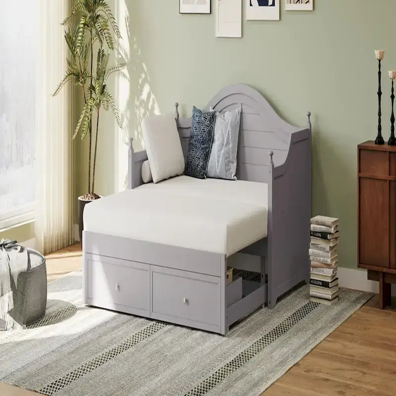 Light Grey Wood Daybed with Pop-Up Trundle and Storage Drawers