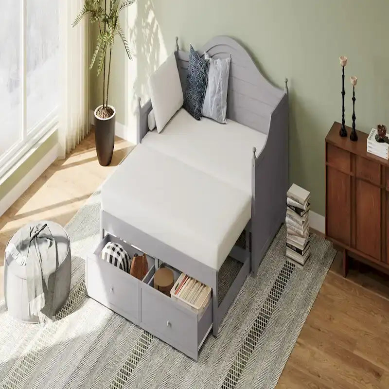 Light Grey Wood Daybed with Pop-Up Trundle and Storage Drawers