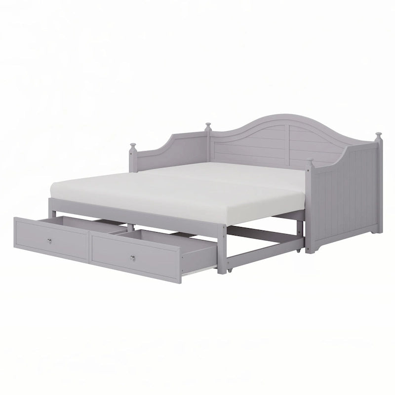 Lit de repos en bois gris clair avec lit gigogne relevable et tiroirs de rangement