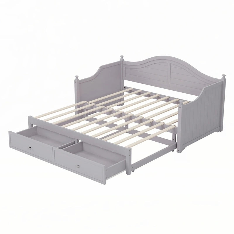 Lit de repos en bois gris clair avec lit gigogne relevable et tiroirs de rangement