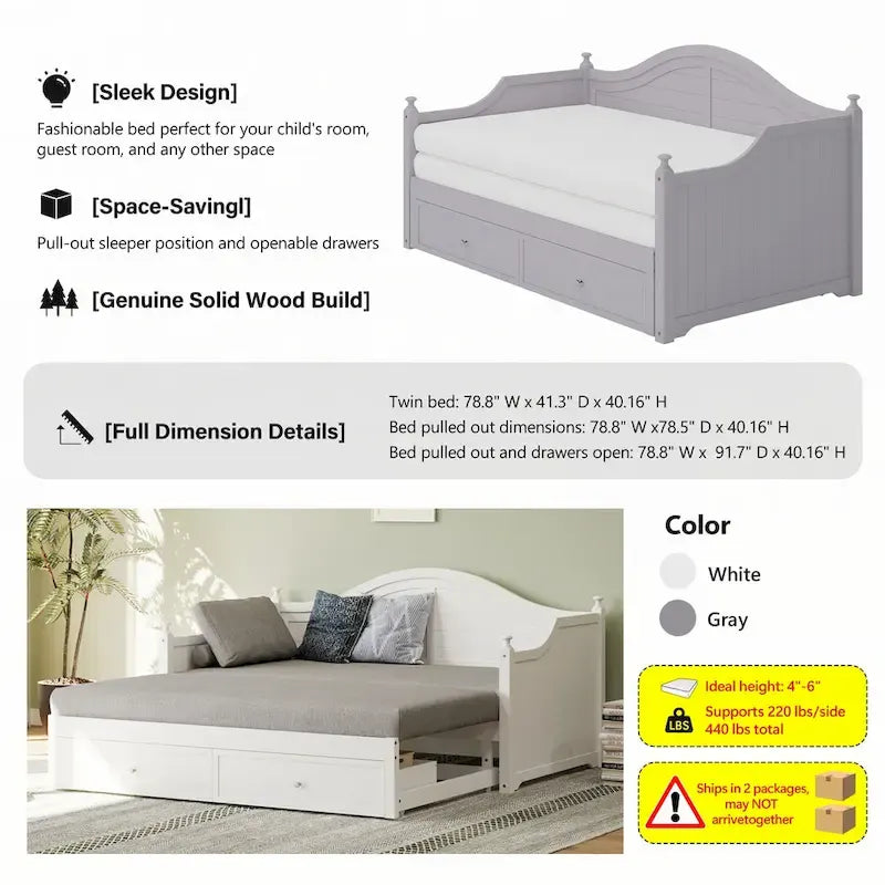 Lit de repos en bois gris clair avec lit gigogne relevable et tiroirs de rangement