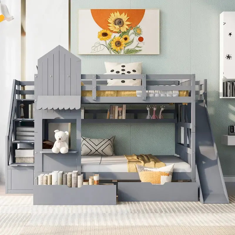 Playhouse Bunk Bed with Slide, Storage Drawers, Shelves, and Staircase in Grey, Blue, Pink, White