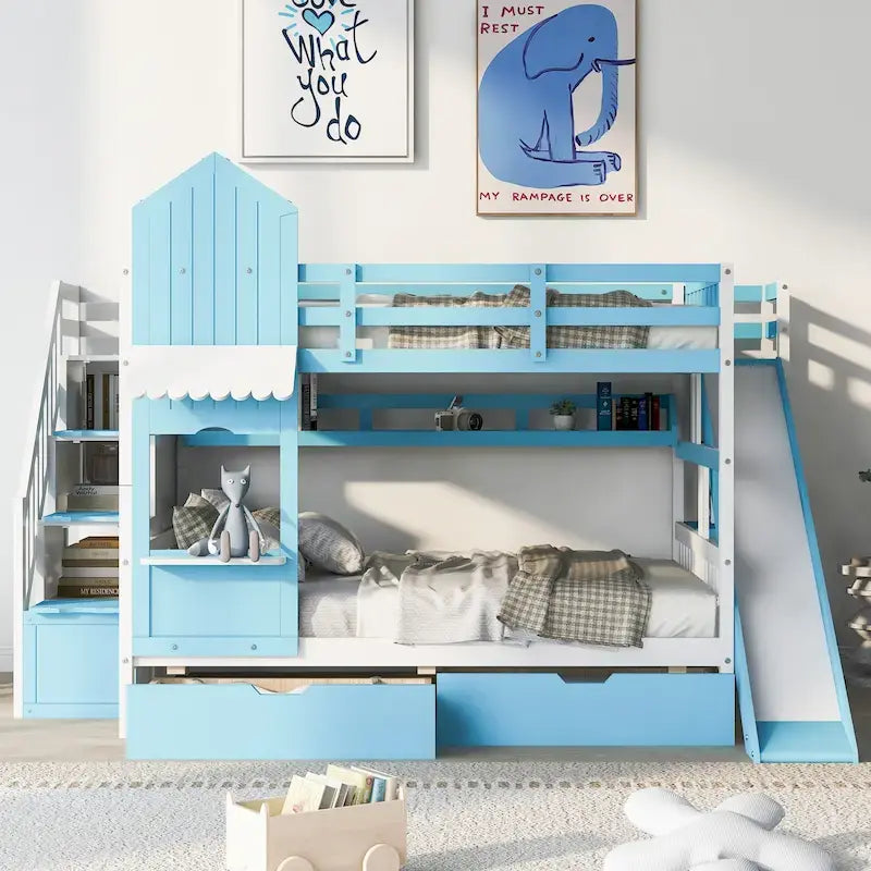 Playhouse Bunk Bed with Slide, Storage Drawers, Shelves, and Staircase in Grey, Blue, Pink, White