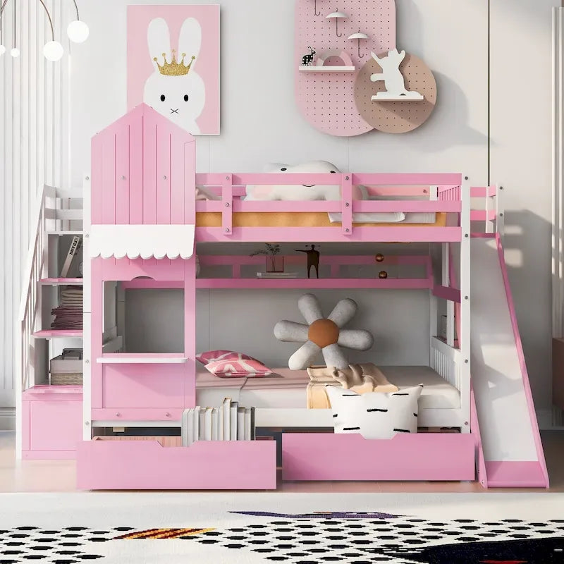 Playhouse Bunk Bed with Slide, Storage Drawers, Shelves, and Staircase in Grey, Blue, Pink, White