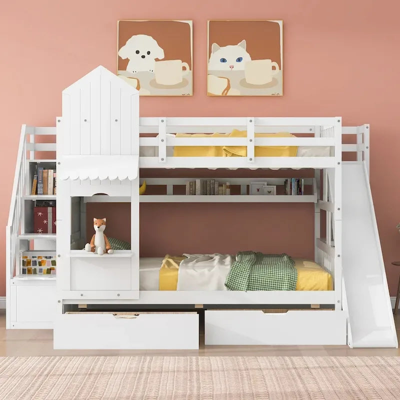 Playhouse Bunk Bed with Slide, Storage Drawers, Shelves, and Staircase in Grey, Blue, Pink, White