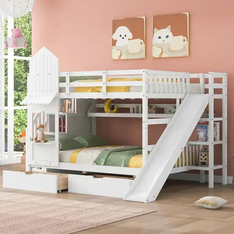 Playhouse Bunk Bed with Slide, Storage Drawers, Shelves, and Staircase in Grey, Blue, Pink, White