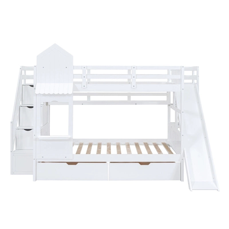 Playhouse Bunk Bed with Slide, Storage Drawers, Shelves, and Staircase in Grey, Blue, Pink, White