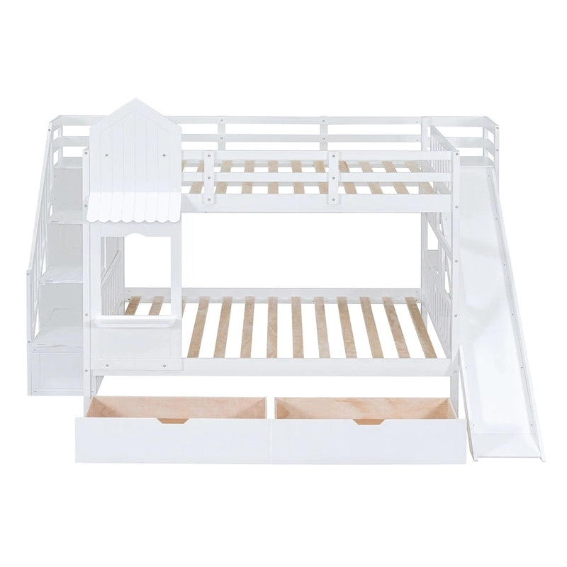 Lit superposé cabane avec toboggan, tiroirs de rangement, étagères et escalier, disponible en gris, bleu, rose, blanc