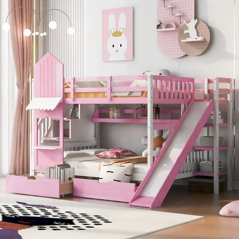 Lit superposé cabane avec toboggan, tiroirs de rangement, étagères et escalier, disponible en gris, bleu, rose, blanc