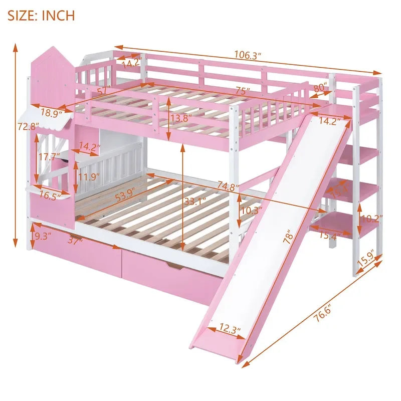 Lit superposé cabane avec toboggan, tiroirs de rangement, étagères et escalier, disponible en gris, bleu, rose, blanc