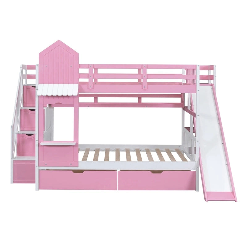Lit superposé cabane avec toboggan, tiroirs de rangement, étagères et escalier, disponible en gris, bleu, rose, blanc