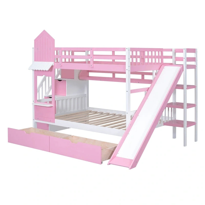 Lit superposé cabane avec toboggan, tiroirs de rangement, étagères et escalier, disponible en gris, bleu, rose, blanc