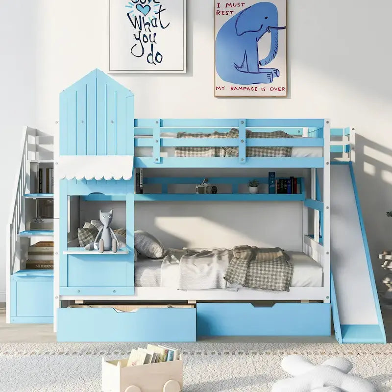 Lit superposé cabane avec toboggan, tiroirs de rangement, étagères et escalier, disponible en gris, bleu, rose, blanc