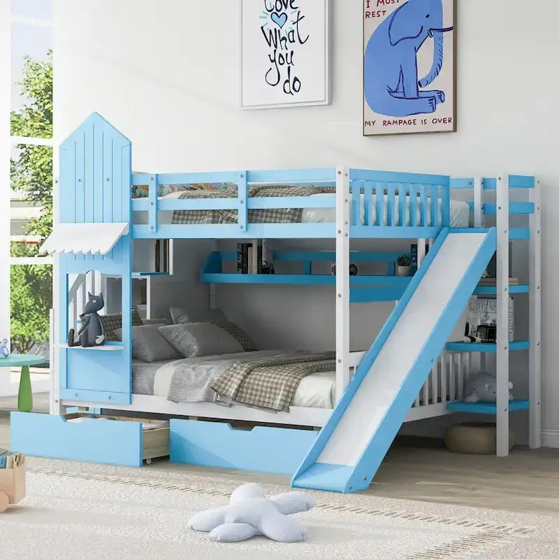 Lit superposé cabane avec toboggan, tiroirs de rangement, étagères et escalier, disponible en gris, bleu, rose, blanc