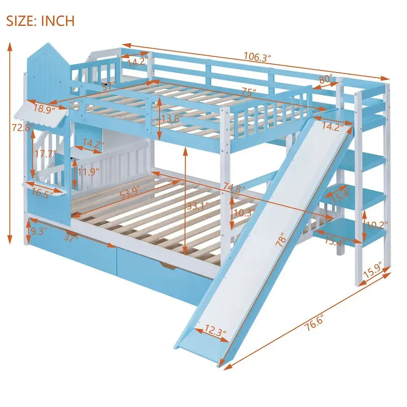 Lit superposé cabane avec toboggan, tiroirs de rangement, étagères et escalier, disponible en gris, bleu, rose, blanc