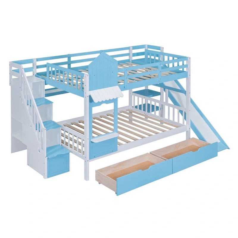 Lit superposé cabane avec toboggan, tiroirs de rangement, étagères et escalier, disponible en gris, bleu, rose, blanc