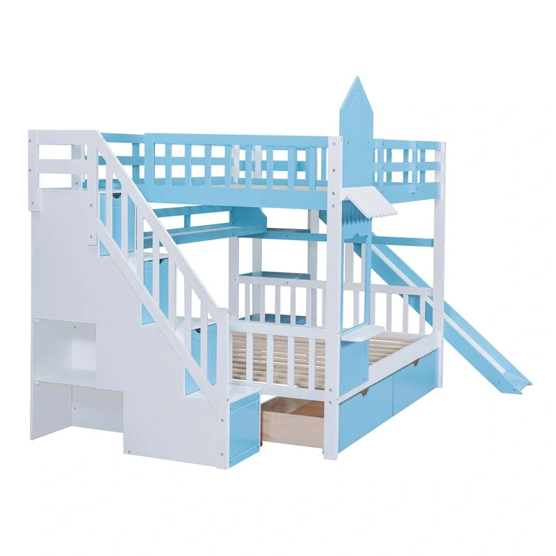 Lit superposé cabane avec toboggan, tiroirs de rangement, étagères et escalier, disponible en gris, bleu, rose, blanc