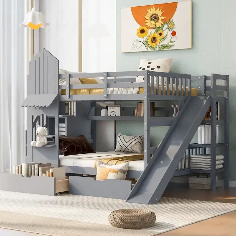Lit superposé cabane avec toboggan, tiroirs de rangement, étagères et escalier, disponible en gris, bleu, rose, blanc