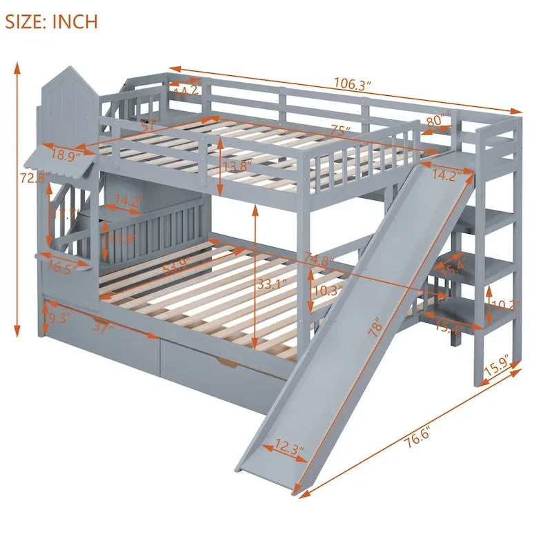 Lit superposé cabane avec toboggan, tiroirs de rangement, étagères et escalier, disponible en gris, bleu, rose, blanc