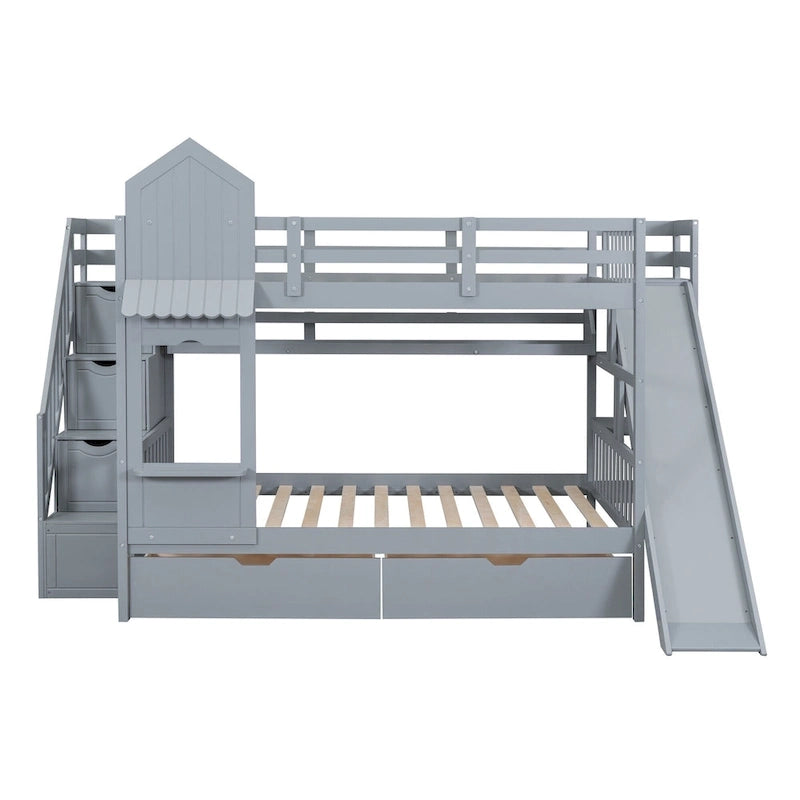 Lit superposé cabane avec toboggan, tiroirs de rangement, étagères et escalier, disponible en gris, bleu, rose, blanc