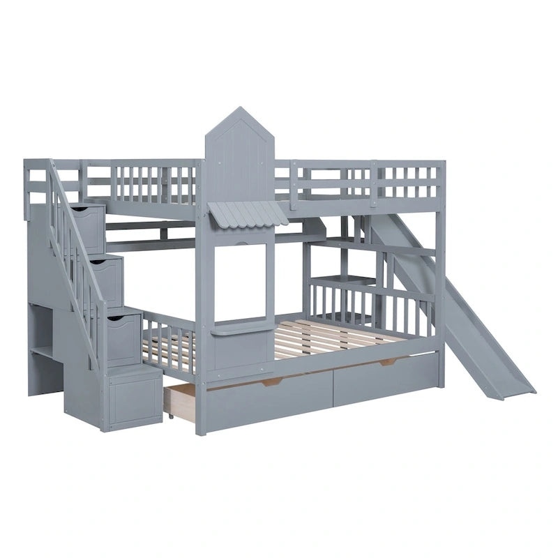 Lit superposé cabane avec toboggan, tiroirs de rangement, étagères et escalier, disponible en gris, bleu, rose, blanc