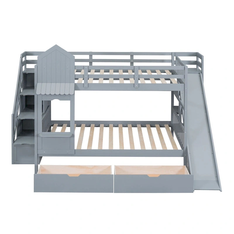 Lit superposé cabane avec toboggan, tiroirs de rangement, étagères et escalier, disponible en gris, bleu, rose, blanc