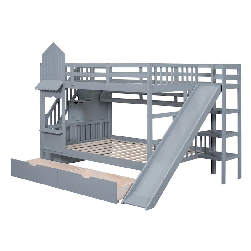 Lit superposé cabane avec toboggan, tiroirs de rangement, étagères et escalier, disponible en gris, bleu, rose, blanc