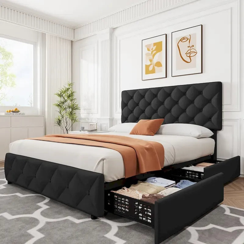 Blue & Black Tufted Linen Upholstered Platform Bed Frame with Storage Drawers and Adjustable Headboard