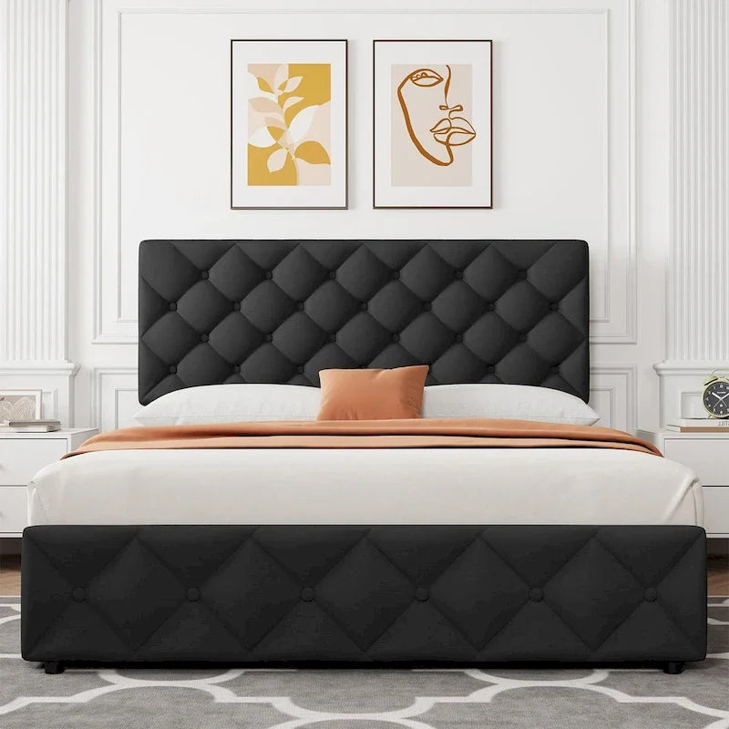 Blue & Black Tufted Linen Upholstered Platform Bed Frame with Storage Drawers and Adjustable Headboard