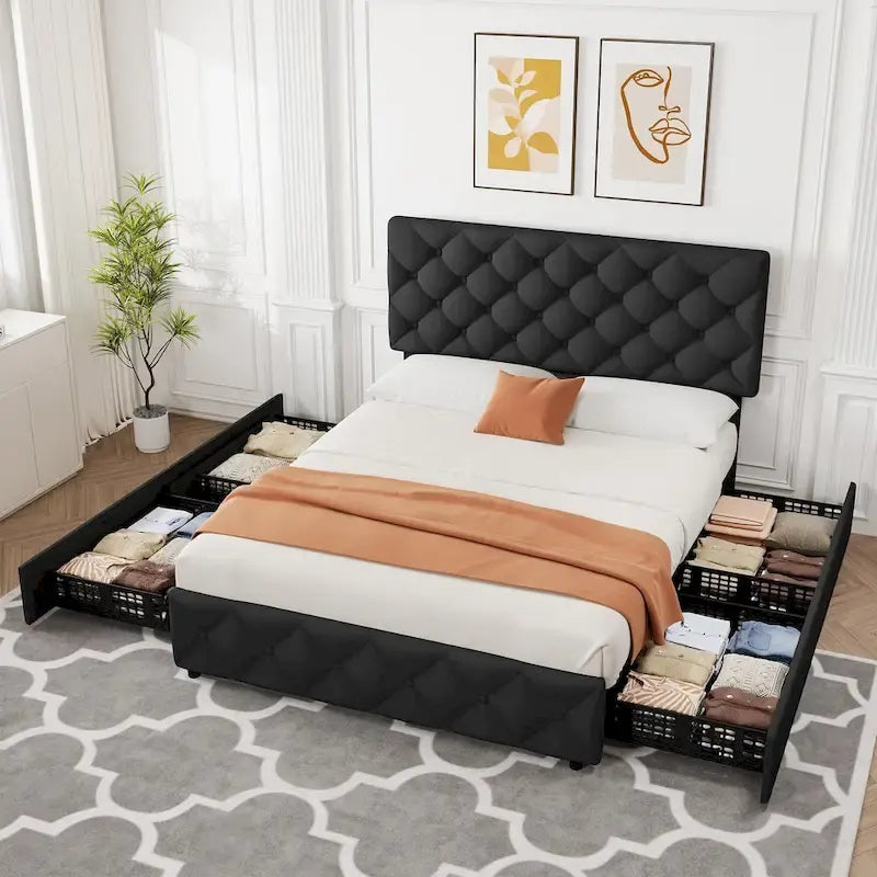 Blue & Black Tufted Linen Upholstered Platform Bed Frame with Storage Drawers and Adjustable Headboard