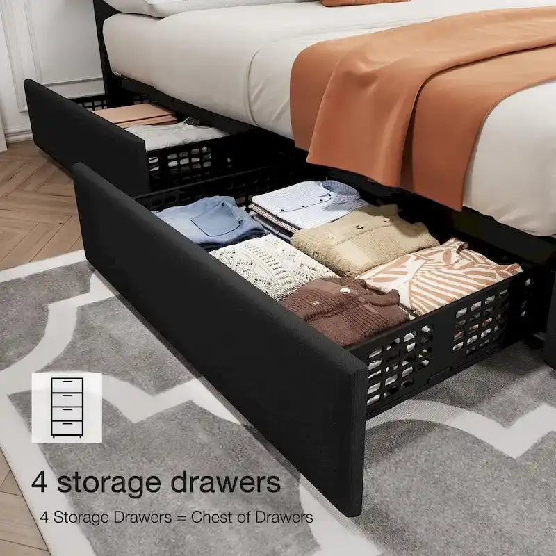 Blue & Black Tufted Linen Upholstered Platform Bed Frame with Storage Drawers and Adjustable Headboard