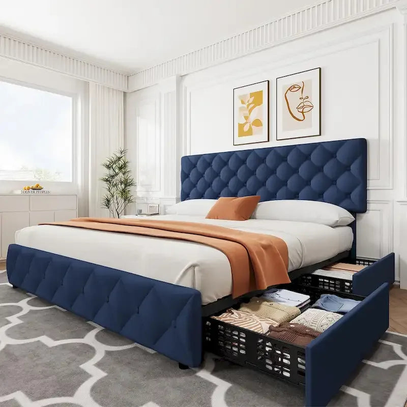 Cadre de lit plateforme en lin touffeté bleu et noir avec tiroirs de rangement et tête de lit réglable