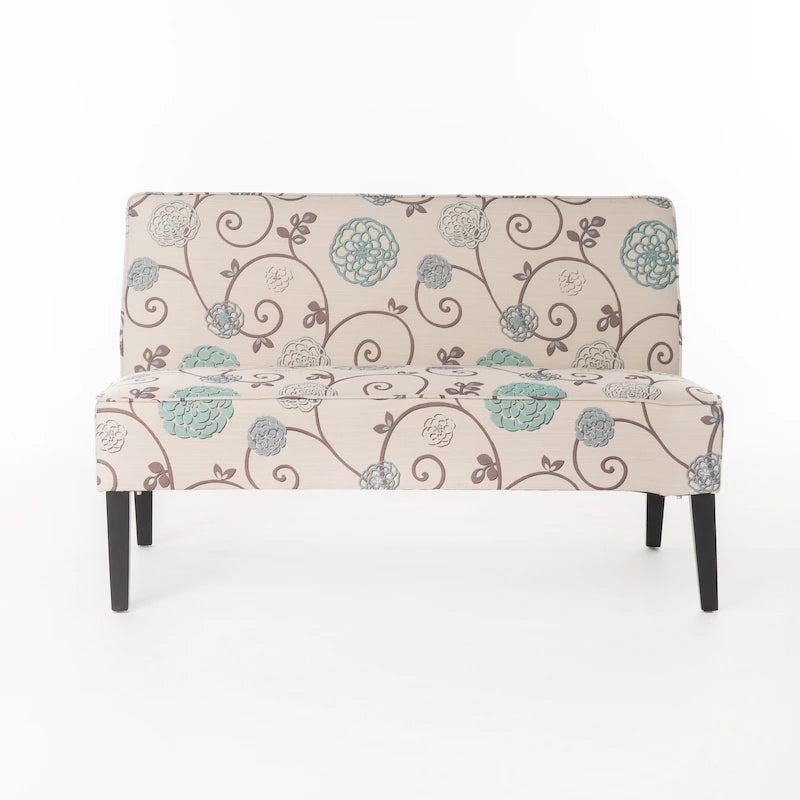 Armless Loveseat Sofa Floral Print Fabric Upholstered with Wood Legs