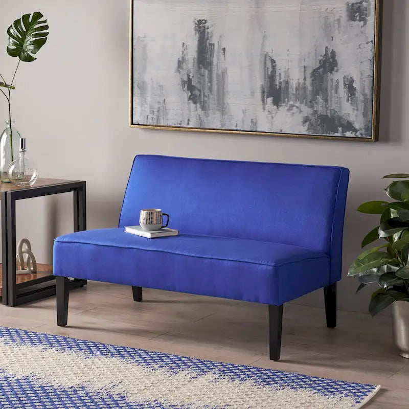 Armless Loveseat Sofa Floral Print Fabric Upholstered with Wood Legs