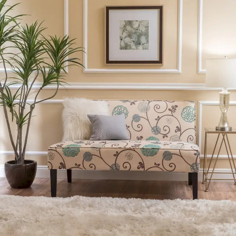 Armless Loveseat Sofa Floral Print Fabric Upholstered with Wood Legs