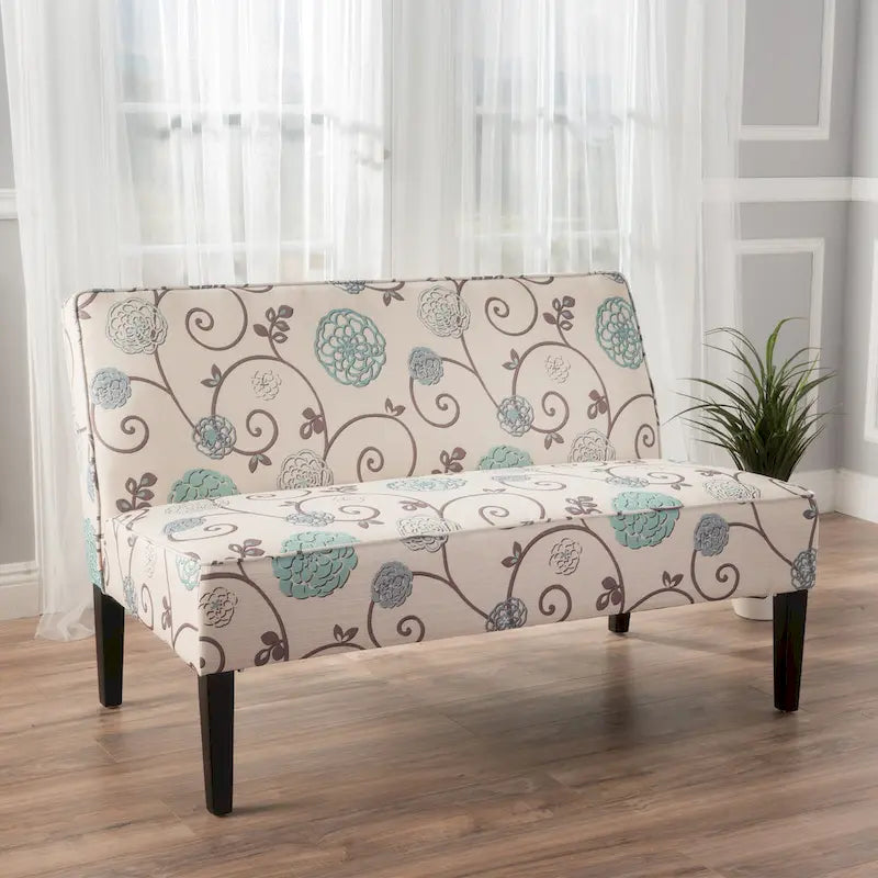 Canapé deux places sans accoudoirs, tissu imprimé floral, avec pieds en bois