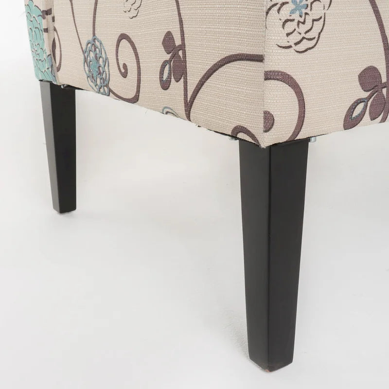 Canapé deux places sans accoudoirs, tissu imprimé floral, avec pieds en bois
