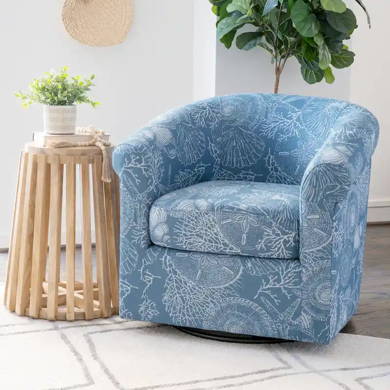 Coastal Coral Seashell Print Upholstered Swivel Barrel Accent Armchair Ocean Blue Green