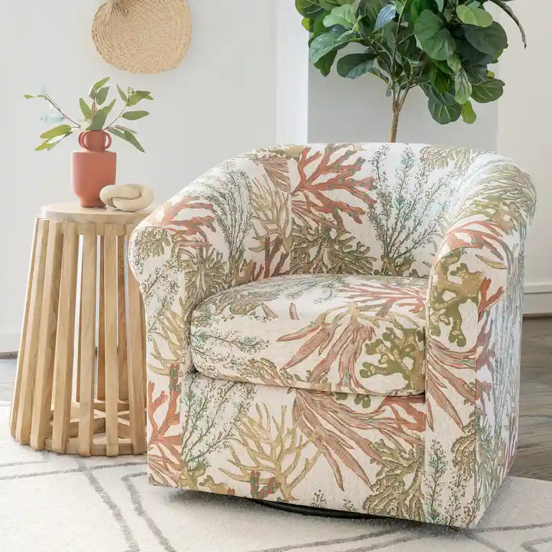 Coastal Coral Seashell Print Upholstered Swivel Barrel Accent Armchair Ocean Blue Green