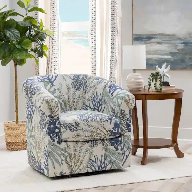 Coastal Coral Seashell Print Upholstered Swivel Barrel Accent Armchair Ocean Blue Green