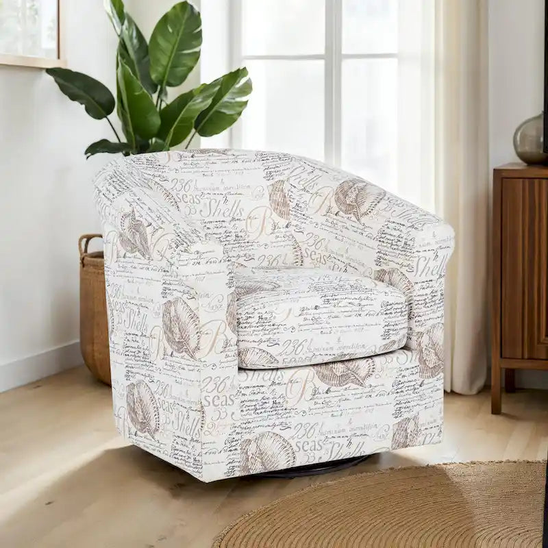 Coastal Coral Seashell Print Upholstered Swivel Barrel Accent Armchair Ocean Blue Green