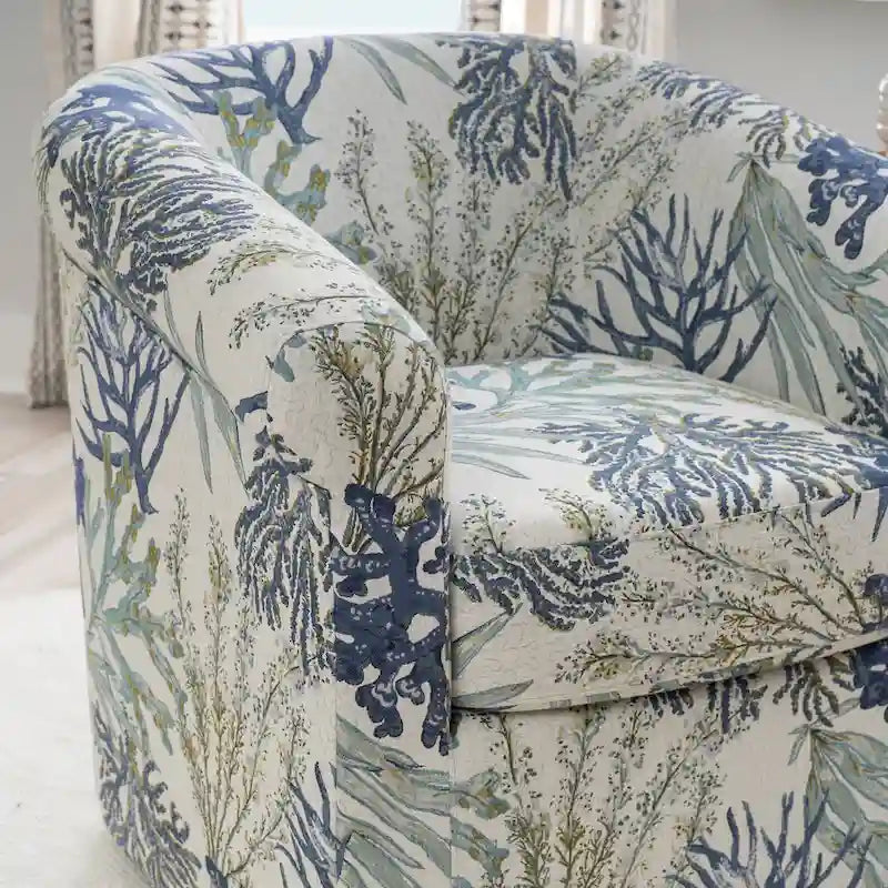 Fauteuil d'appoint pivotant à dossier incurvé imprimé coquillages corail marin, bleu et vert océan