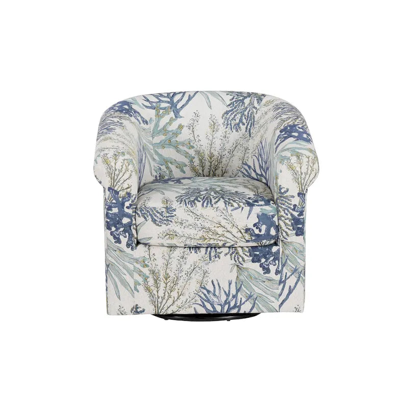 Fauteuil d'appoint pivotant à dossier incurvé imprimé coquillages corail marin, bleu et vert océan