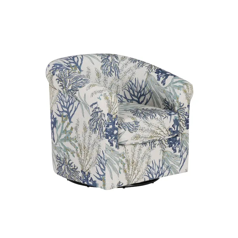 Fauteuil d'appoint pivotant à dossier incurvé imprimé coquillages corail marin, bleu et vert océan