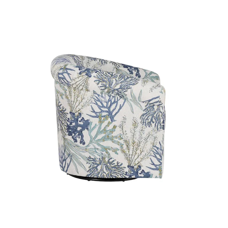 Fauteuil d'appoint pivotant à dossier incurvé imprimé coquillages corail marin, bleu et vert océan