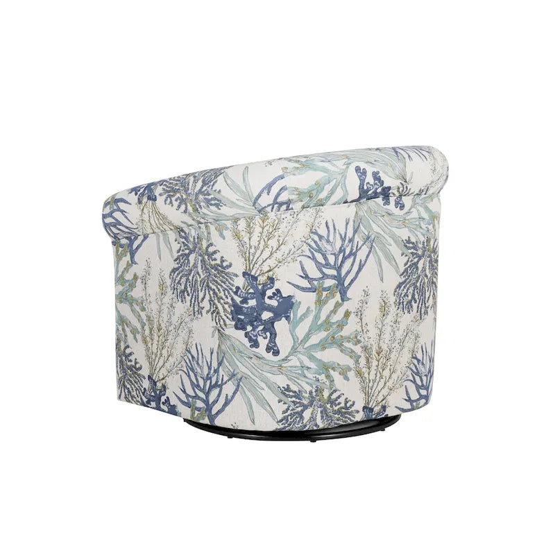 Fauteuil d'appoint pivotant à dossier incurvé imprimé coquillages corail marin, bleu et vert océan